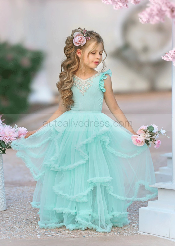 Seafoam Blue Tulle Gold Lace Corset Back Flower Girl Dress